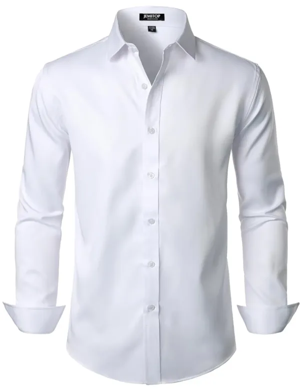 A wrinkle-free slim fit dress shirt for men, made from slightly shiny, elastic polyester-spandex fabric, featuring long sleeves and a comfortable wider waist.