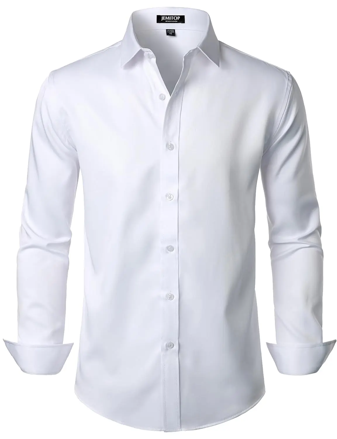 A wrinkle-free slim fit dress shirt for men, made from slightly shiny, elastic polyester-spandex fabric, featuring long sleeves and a comfortable wider waist.