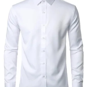 A wrinkle-free slim fit dress shirt for men, made from slightly shiny, elastic polyester-spandex fabric, featuring long sleeves and a comfortable wider waist.