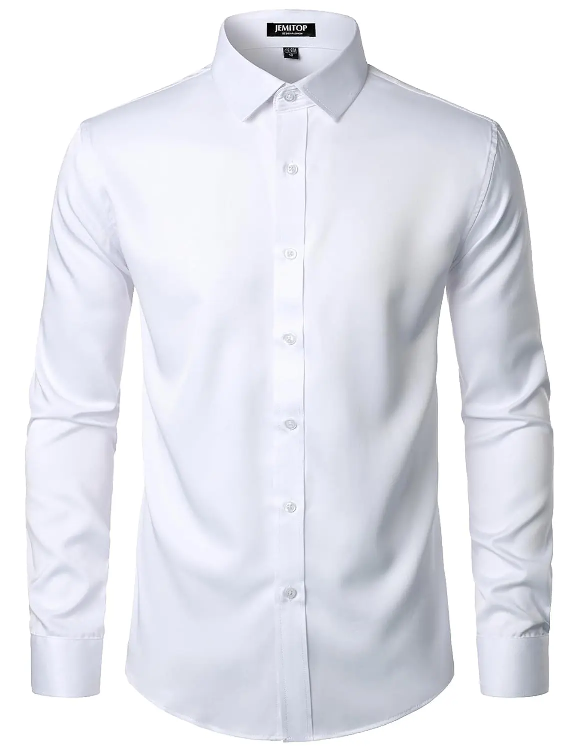 A wrinkle-free slim fit dress shirt for men, made from slightly shiny, elastic polyester-spandex fabric, featuring long sleeves and a comfortable wider waist.