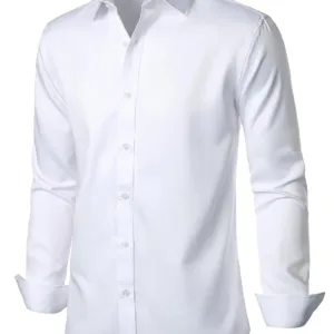 A wrinkle-free slim fit dress shirt for men, made from slightly shiny, elastic polyester-spandex fabric, featuring long sleeves and a comfortable wider waist.