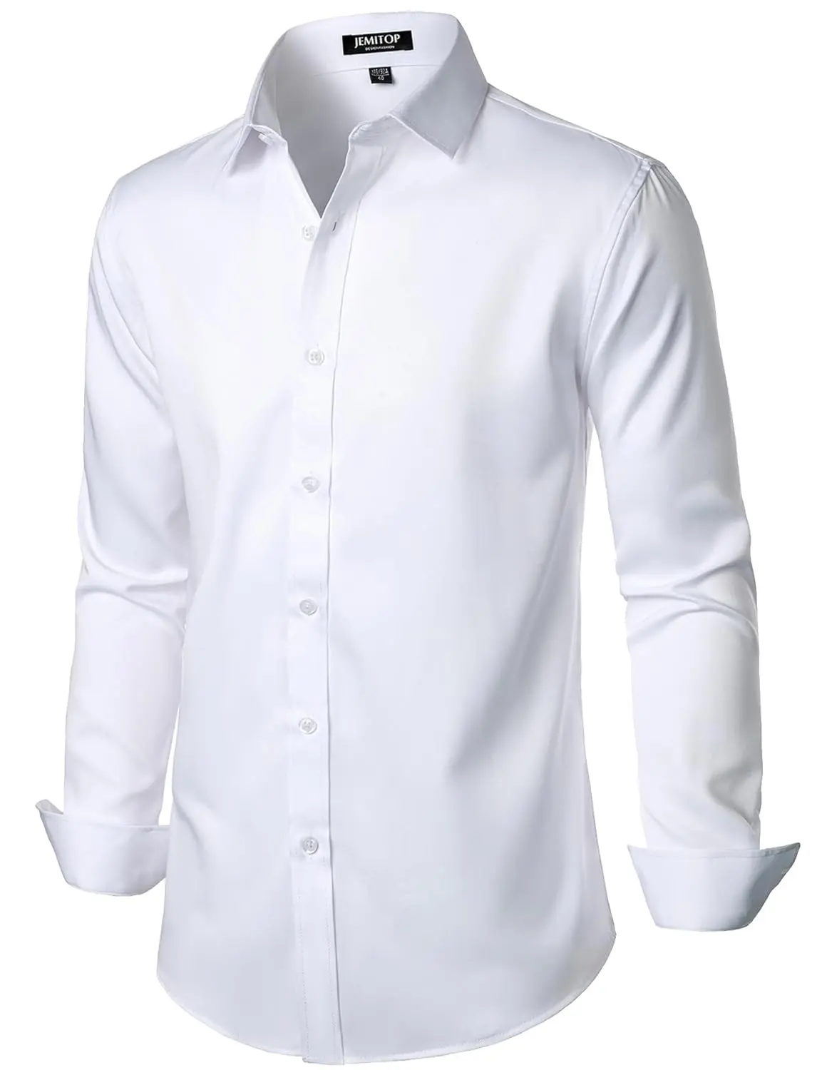 A wrinkle-free slim fit dress shirt for men, made from slightly shiny, elastic polyester-spandex fabric, featuring long sleeves and a comfortable wider waist.