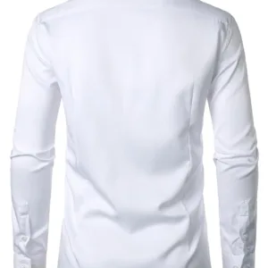 A wrinkle-free slim fit dress shirt for men, made from slightly shiny, elastic polyester-spandex fabric, featuring long sleeves and a comfortable wider waist.