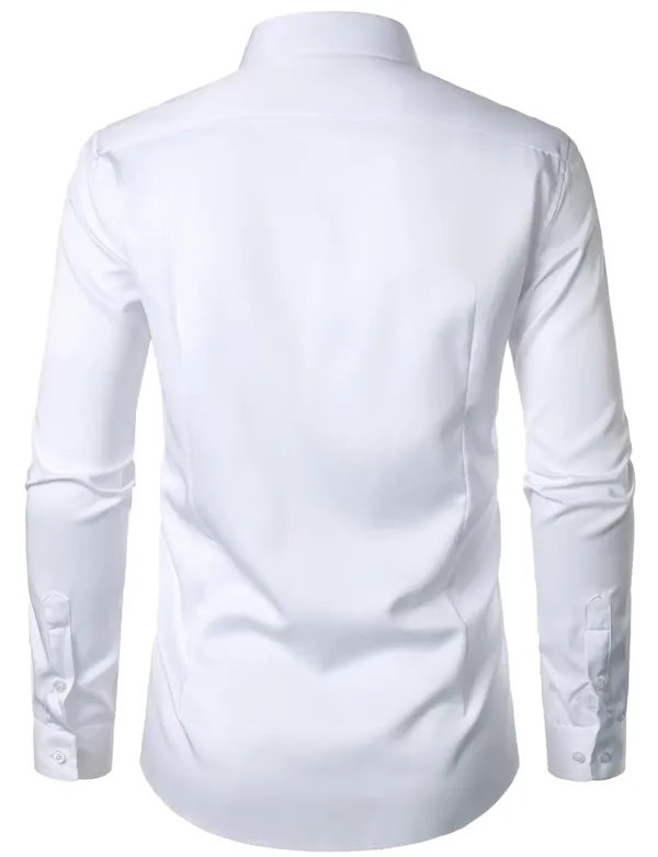 A wrinkle-free slim fit dress shirt for men, made from slightly shiny, elastic polyester-spandex fabric, featuring long sleeves and a comfortable wider waist.