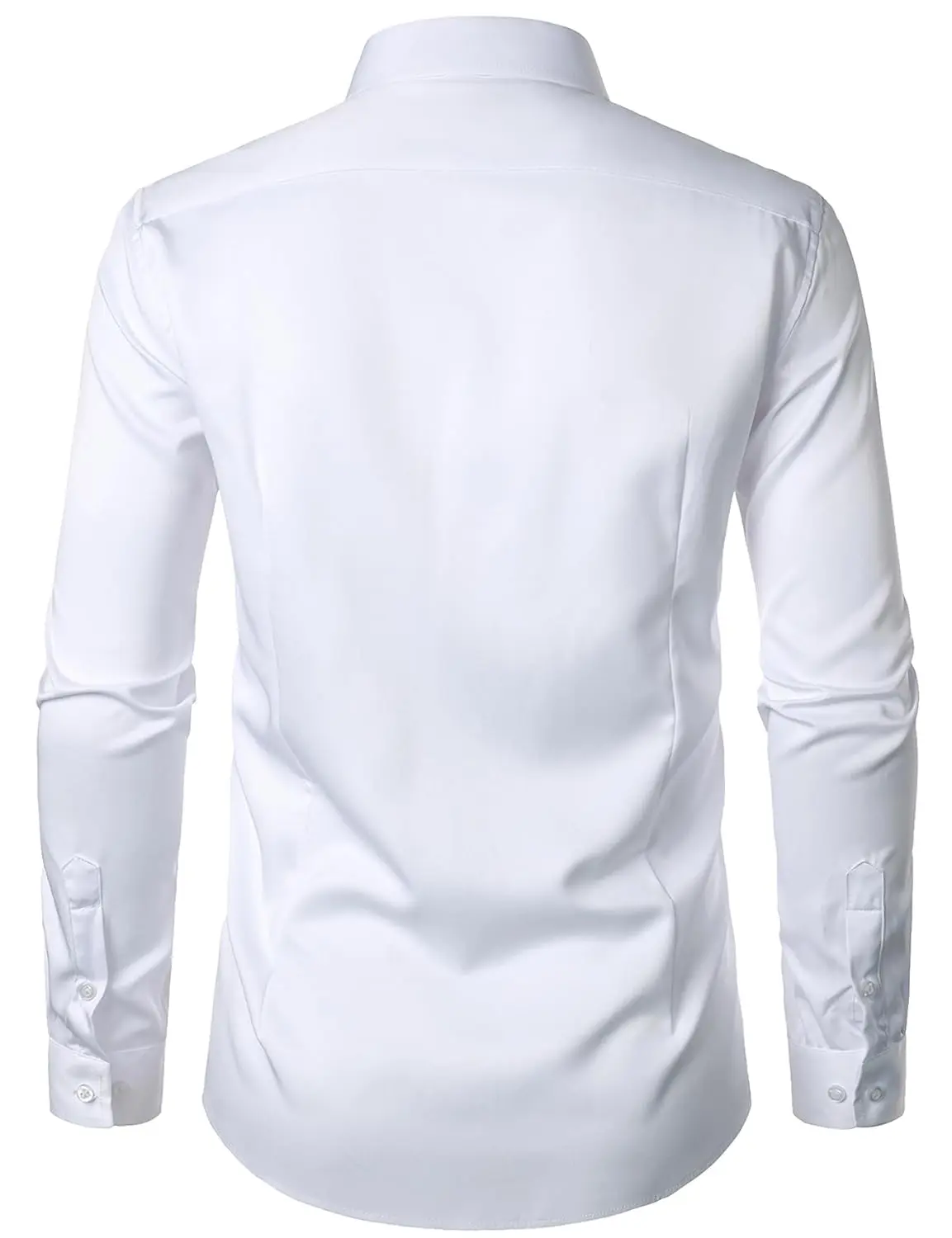A wrinkle-free slim fit dress shirt for men, made from slightly shiny, elastic polyester-spandex fabric, featuring long sleeves and a comfortable wider waist.