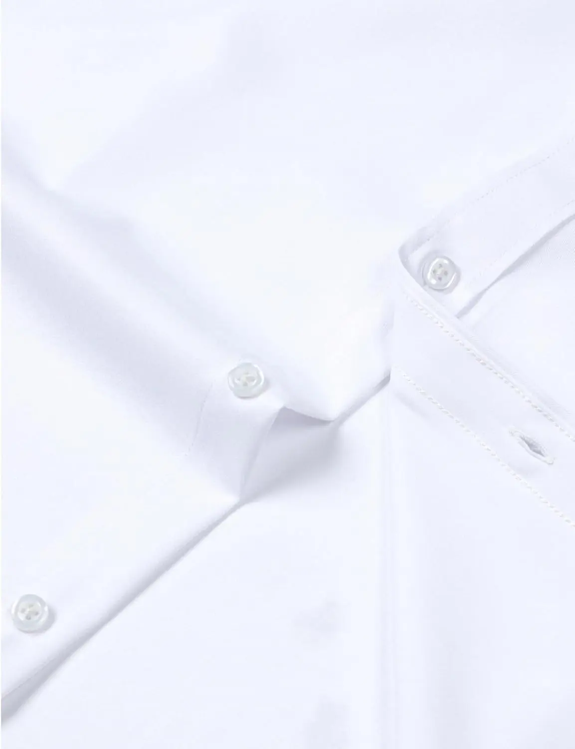 A wrinkle-free slim fit dress shirt for men, made from slightly shiny, elastic polyester-spandex fabric, featuring long sleeves and a comfortable wider waist.