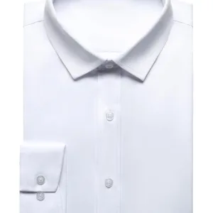 A wrinkle-free slim fit dress shirt for men, made from slightly shiny, elastic polyester-spandex fabric, featuring long sleeves and a comfortable wider waist.