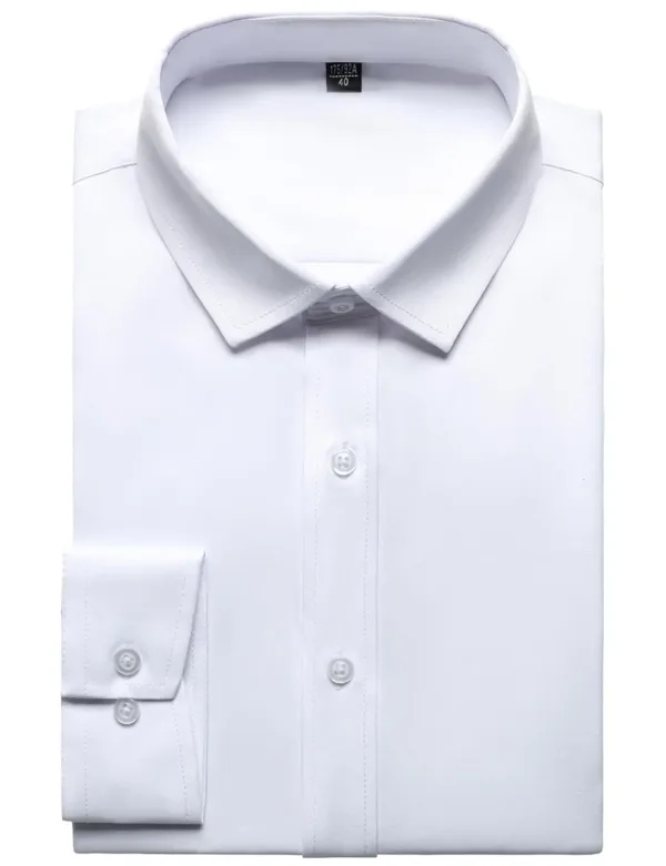 A wrinkle-free slim fit dress shirt for men, made from slightly shiny, elastic polyester-spandex fabric, featuring long sleeves and a comfortable wider waist.