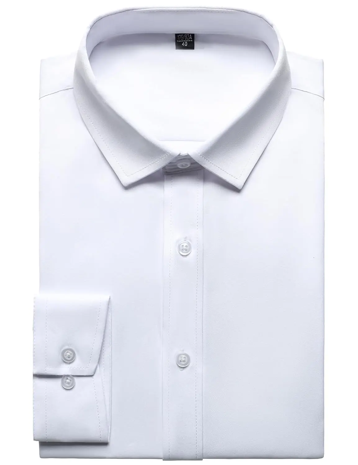 A wrinkle-free slim fit dress shirt for men, made from slightly shiny, elastic polyester-spandex fabric, featuring long sleeves and a comfortable wider waist.