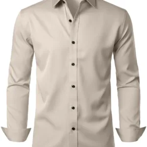 A wrinkle-free slim fit dress shirt for men, made from slightly shiny, elastic polyester-spandex fabric, featuring long sleeves and a comfortable wider waist.
