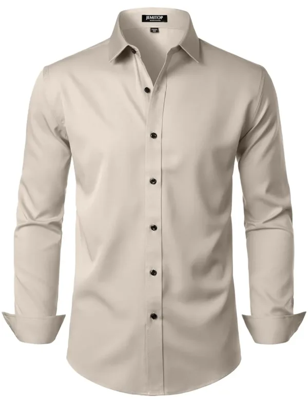 A wrinkle-free slim fit dress shirt for men, made from slightly shiny, elastic polyester-spandex fabric, featuring long sleeves and a comfortable wider waist.