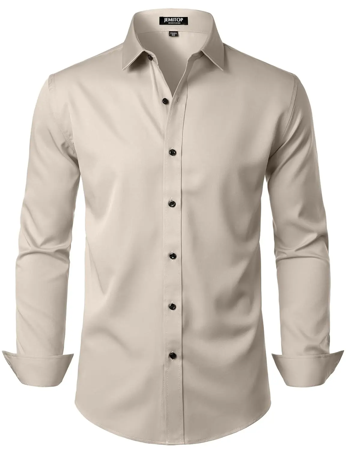 A wrinkle-free slim fit dress shirt for men, made from slightly shiny, elastic polyester-spandex fabric, featuring long sleeves and a comfortable wider waist.