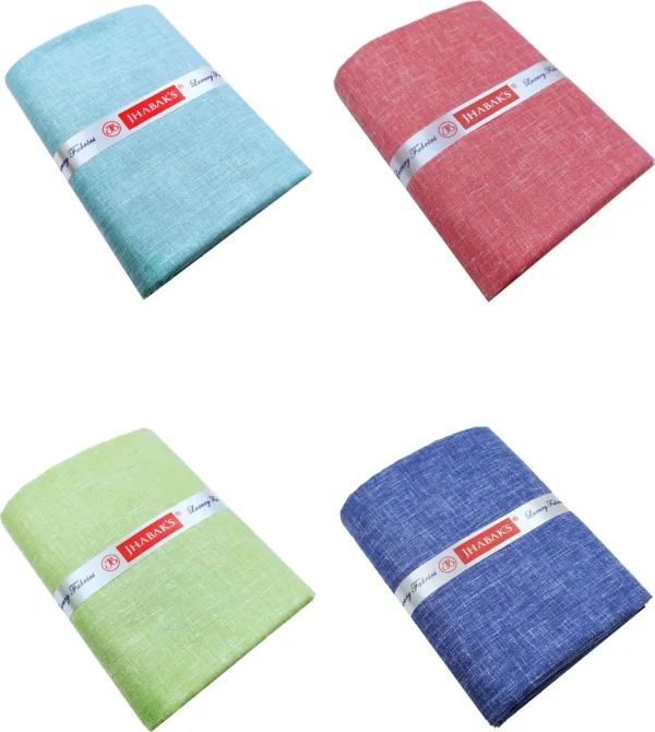 This is a pack of four premium unstitched shirt fabric pieces made from a comfortable and durable cotton linen blend, perfect for tailoring shirts or kurtas for men.