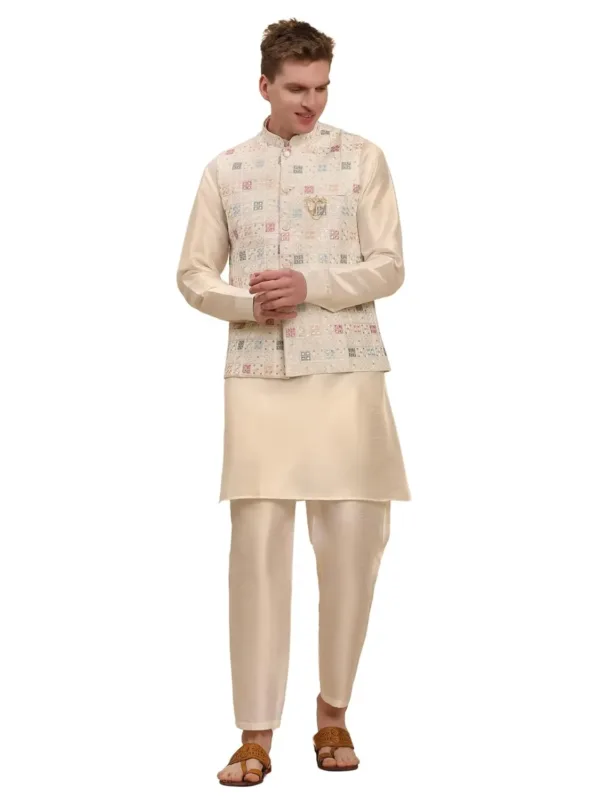 This men's silk kurta set features a stylish Nehru jacket with sequence pattern, long sleeves, mandarin collar, side pockets, and is perfect for weddings, functions, and festive occasions.
