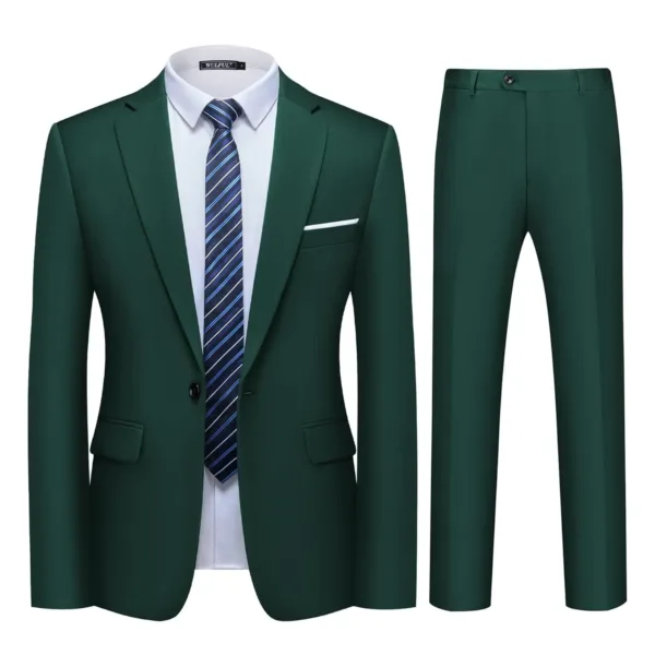 This men's slim fit suit set features a one-button blazer and flat front pants, perfect as a tuxedo for parties, weddings and business events, crafted from a comfortable and breathable cotton-polyester blend.