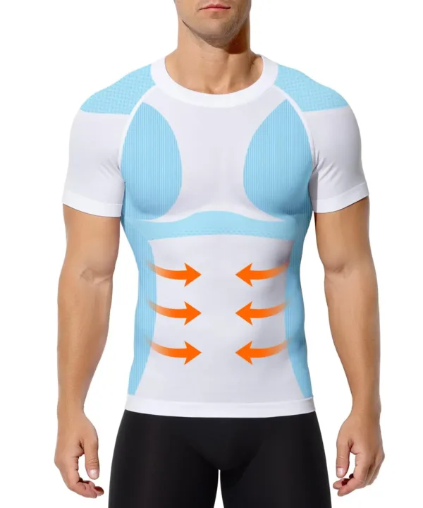 This men's slimming compression shirt is designed to flatten the tummy, reduce back fat, and provide a leaner, more defined physique with its targeted compression zones, making it comfortable enough for all-day wear under any clothing.