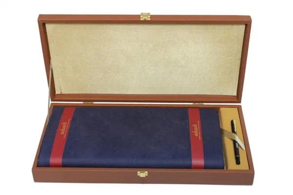 This is an unstitched men's suit fabric combo set made of shrink-resistant, colorfast polyester viscose with a soft texture, and includes a metallic pen and carrying case.