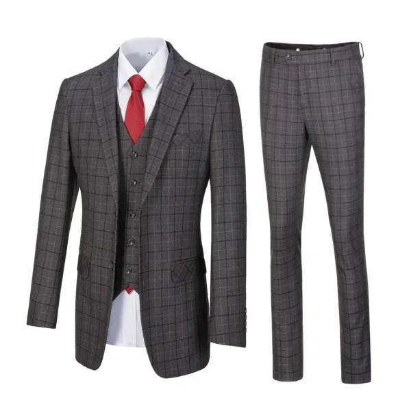 This men's slim-fit plaid suit is a stylish three-piece set including a blazer, vest, and pants, crafted from a polyester and viscose blend, featuring a notch lapel, two-button closure, and flat front pants, suitable for weddings, parties, and business occasions.
