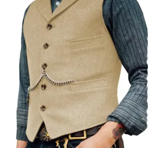This men's herringbone tweed vest is a classic and stylish wool blend waistcoat, featuring a button closure, notch lapel, and four real pockets, perfect for layering with dress shirts and suit coats for any occasion.