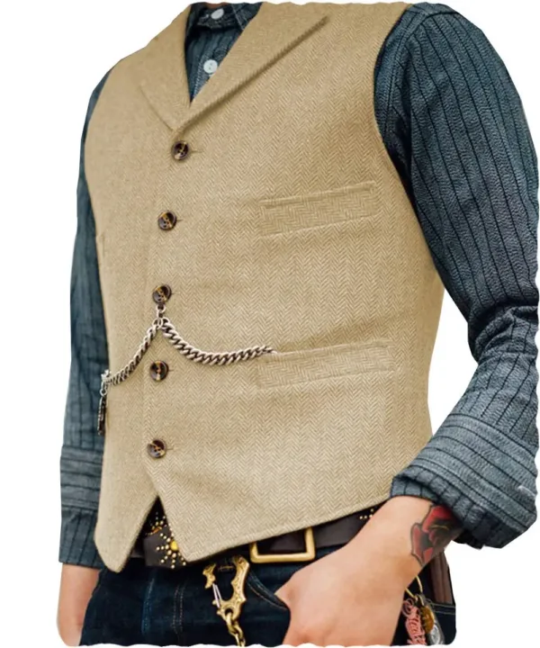This men's herringbone tweed vest is a classic and stylish wool blend waistcoat, featuring a button closure, notch lapel, and four real pockets, perfect for layering with dress shirts and suit coats for any occasion.