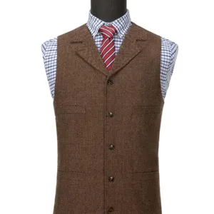 This men's herringbone tweed vest is a classic and stylish wool blend waistcoat, featuring a button closure, notch lapel, and four real pockets, perfect for layering with dress shirts and suit coats for any occasion.
