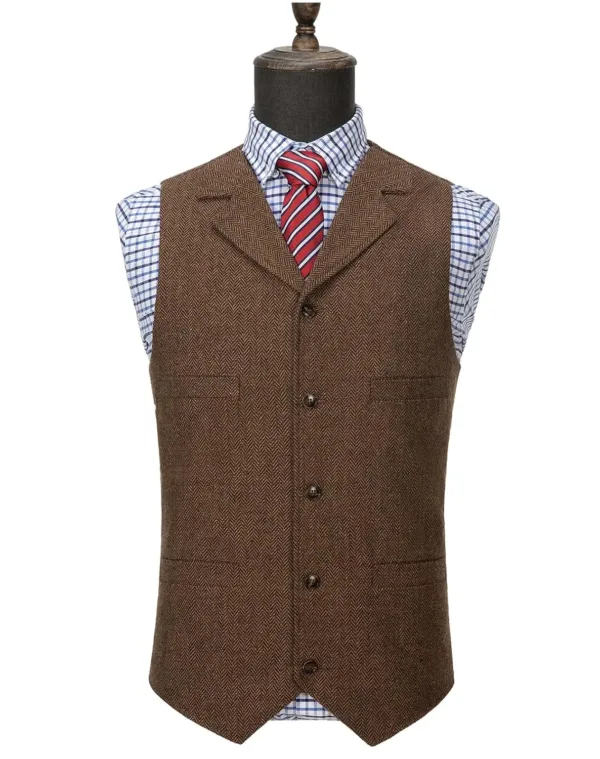 This men's herringbone tweed vest is a classic and stylish wool blend waistcoat, featuring a button closure, notch lapel, and four real pockets, perfect for layering with dress shirts and suit coats for any occasion.