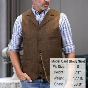 This men's herringbone tweed vest is a classic and stylish wool blend waistcoat, featuring a button closure, notch lapel, and four real pockets, perfect for layering with dress shirts and suit coats for any occasion.
