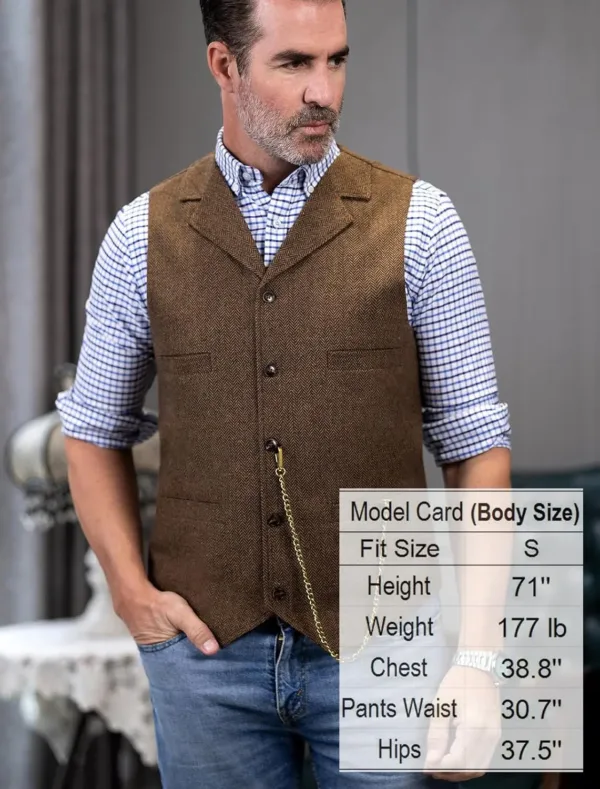 This men's herringbone tweed vest is a classic and stylish wool blend waistcoat, featuring a button closure, notch lapel, and four real pockets, perfect for layering with dress shirts and suit coats for any occasion.