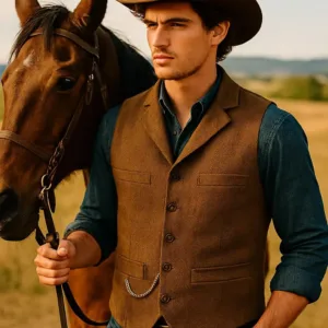 This men's herringbone tweed vest is a classic and stylish wool blend waistcoat, featuring a button closure, notch lapel, and four real pockets, perfect for layering with dress shirts and suit coats for any occasion.