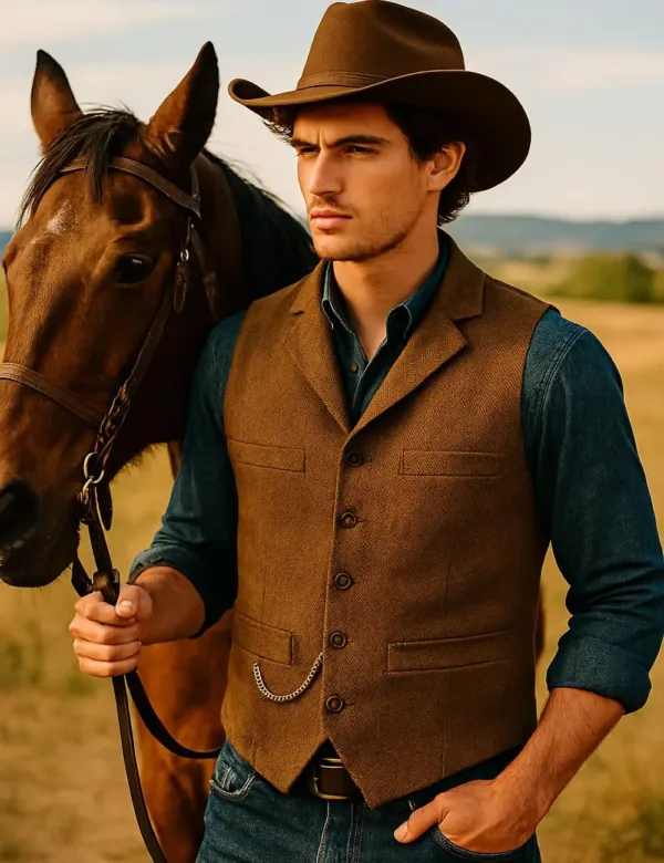 This men's herringbone tweed vest is a classic and stylish wool blend waistcoat, featuring a button closure, notch lapel, and four real pockets, perfect for layering with dress shirts and suit coats for any occasion.