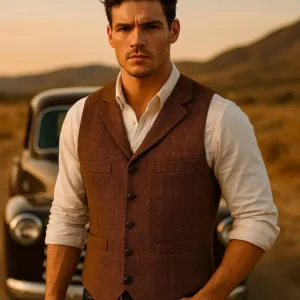 This men's herringbone tweed vest is a classic and stylish wool blend waistcoat, featuring a button closure, notch lapel, and four real pockets, perfect for layering with dress shirts and suit coats for any occasion.