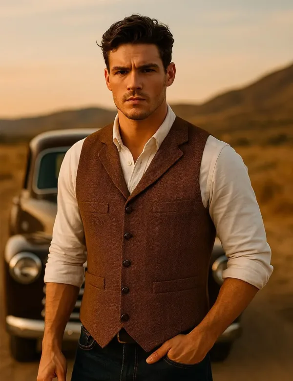 This men's herringbone tweed vest is a classic and stylish wool blend waistcoat, featuring a button closure, notch lapel, and four real pockets, perfect for layering with dress shirts and suit coats for any occasion.