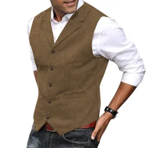 This men's herringbone tweed vest is a classic and stylish wool blend waistcoat, featuring a button closure, notch lapel, and four real pockets, perfect for layering with dress shirts and suit coats for any occasion.