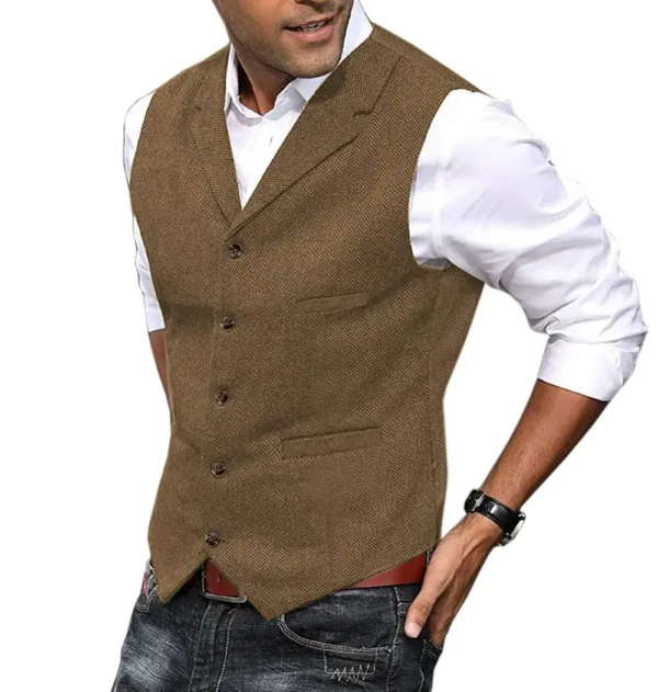 This men's herringbone tweed vest is a classic and stylish wool blend waistcoat, featuring a button closure, notch lapel, and four real pockets, perfect for layering with dress shirts and suit coats for any occasion.