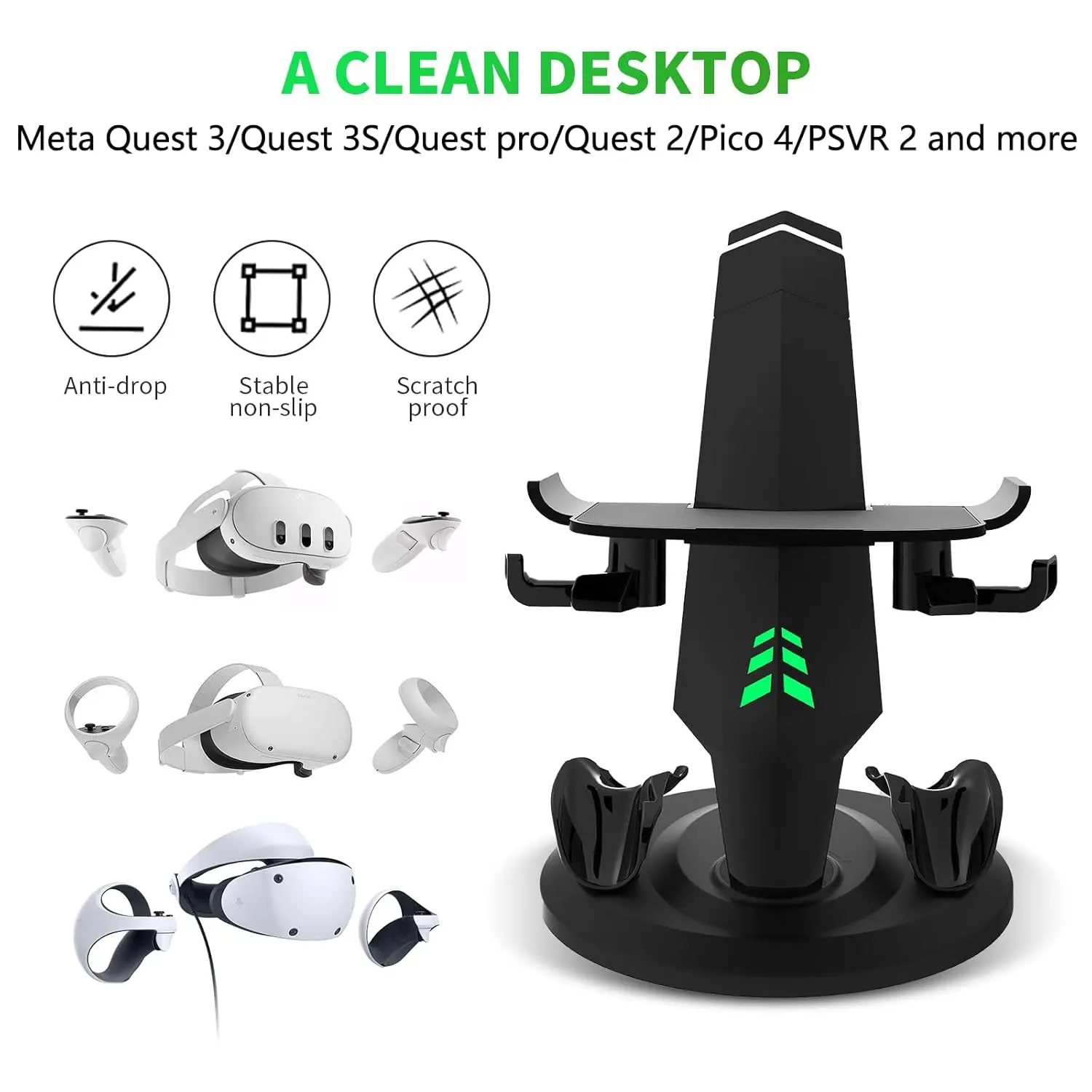 This is a tabletop charging dock for Meta Quest 3 headset controllers and accessories, featuring stylish LED indicator lights that show the charging status.