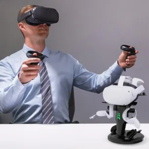 This is a tabletop charging dock for Meta Quest 3 headset controllers and accessories, featuring stylish LED indicator lights that show the charging status.