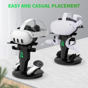 This is a tabletop charging dock for Meta Quest 3 headset controllers and accessories, featuring stylish LED indicator lights that show the charging status.