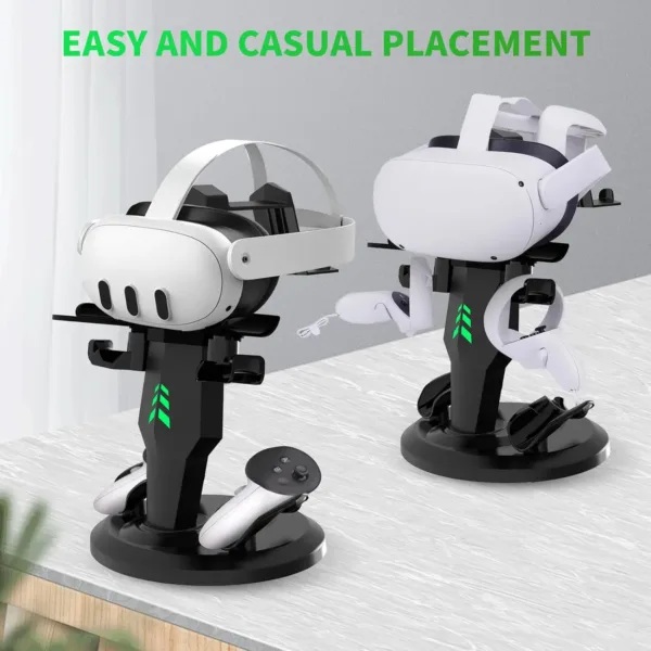 This is a tabletop charging dock for Meta Quest 3 headset controllers and accessories, featuring stylish LED indicator lights that show the charging status.