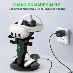 This is a tabletop charging dock for Meta Quest 3 headset controllers and accessories, featuring stylish LED indicator lights that show the charging status.
