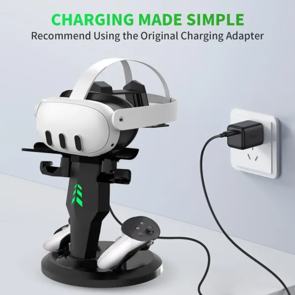 This is a tabletop charging dock for Meta Quest 3 headset controllers and accessories, featuring stylish LED indicator lights that show the charging status.