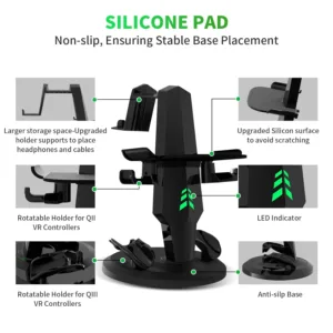 This is a tabletop charging dock for Meta Quest 3 headset controllers and accessories, featuring stylish LED indicator lights that show the charging status.