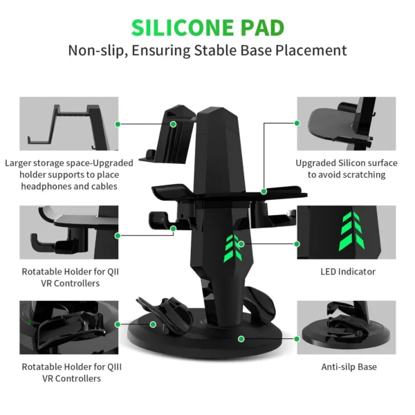 This is a tabletop charging dock for Meta Quest 3 headset controllers and accessories, featuring stylish LED indicator lights that show the charging status.