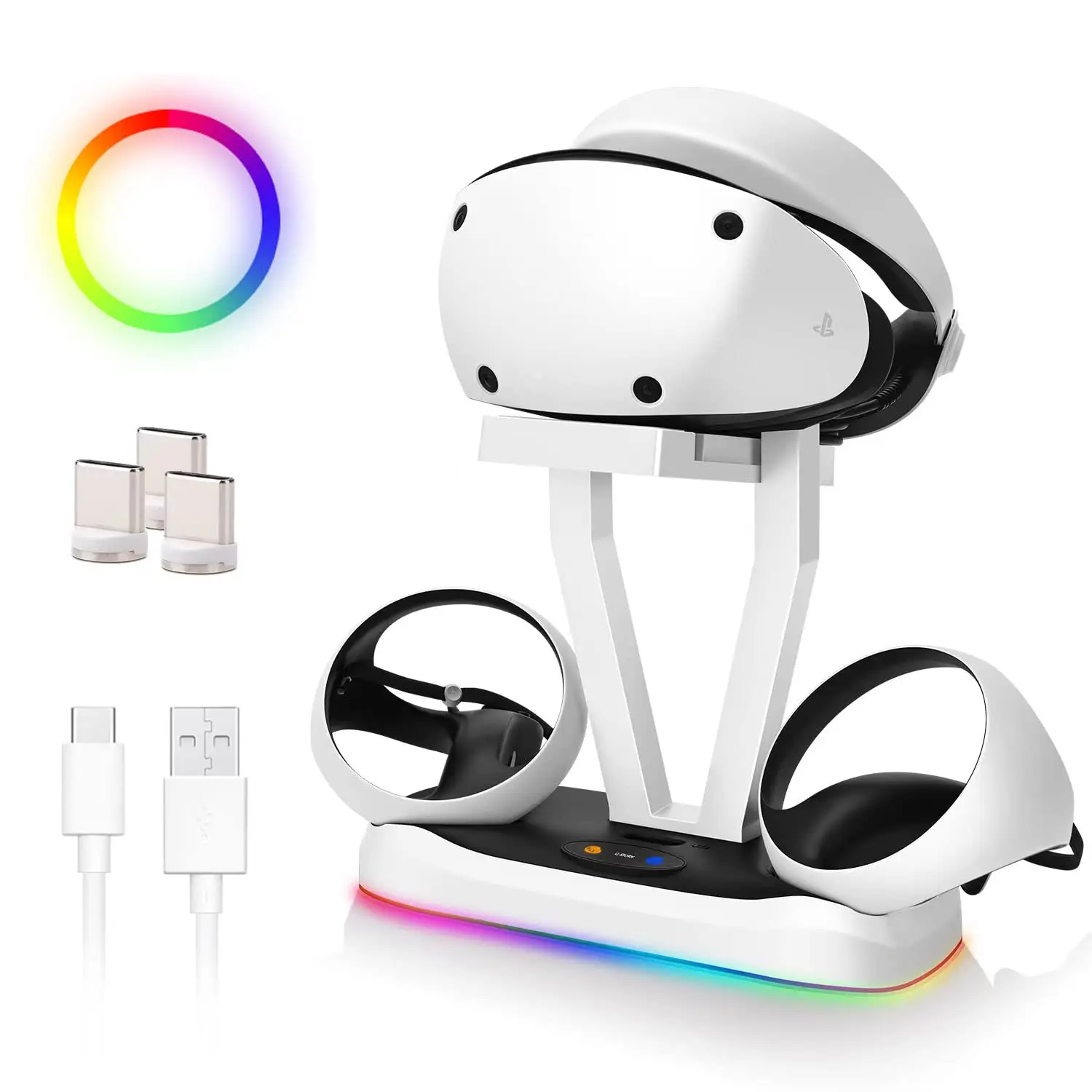 This is a tabletop charging dock for Meta Quest 3 headset controllers and accessories, featuring stylish LED indicator lights that show the charging status.