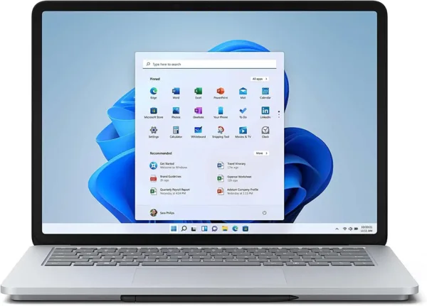 A silver Microsoft Surface Laptop Studio with an Intel i5 processor, 16GB of RAM, and 256GB of storage is displayed.