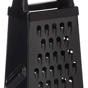 This mini box grater features a black soft grip handle and is made of sturdy stainless steel, perfect for grating small items like cheese, spices, or ginger.