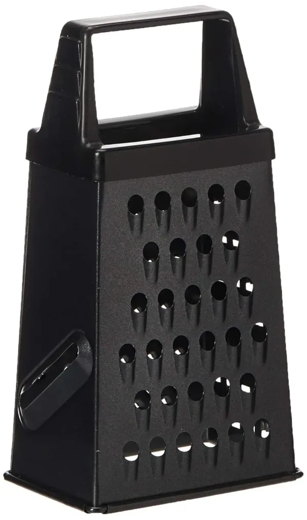 This mini box grater features a black soft grip handle and is made of sturdy stainless steel, perfect for grating small items like cheese, spices, or ginger.