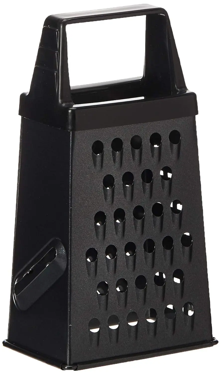 This mini box grater features a black soft grip handle and is made of sturdy stainless steel, perfect for grating small items like cheese, spices, or ginger.