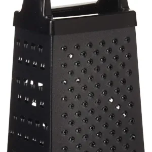 This mini box grater features a black soft grip handle and is made of sturdy stainless steel, perfect for grating small items like cheese, spices, or ginger.