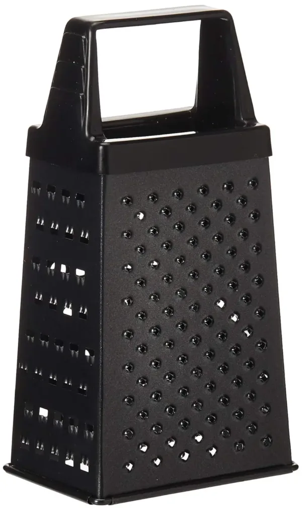 This mini box grater features a black soft grip handle and is made of sturdy stainless steel, perfect for grating small items like cheese, spices, or ginger.