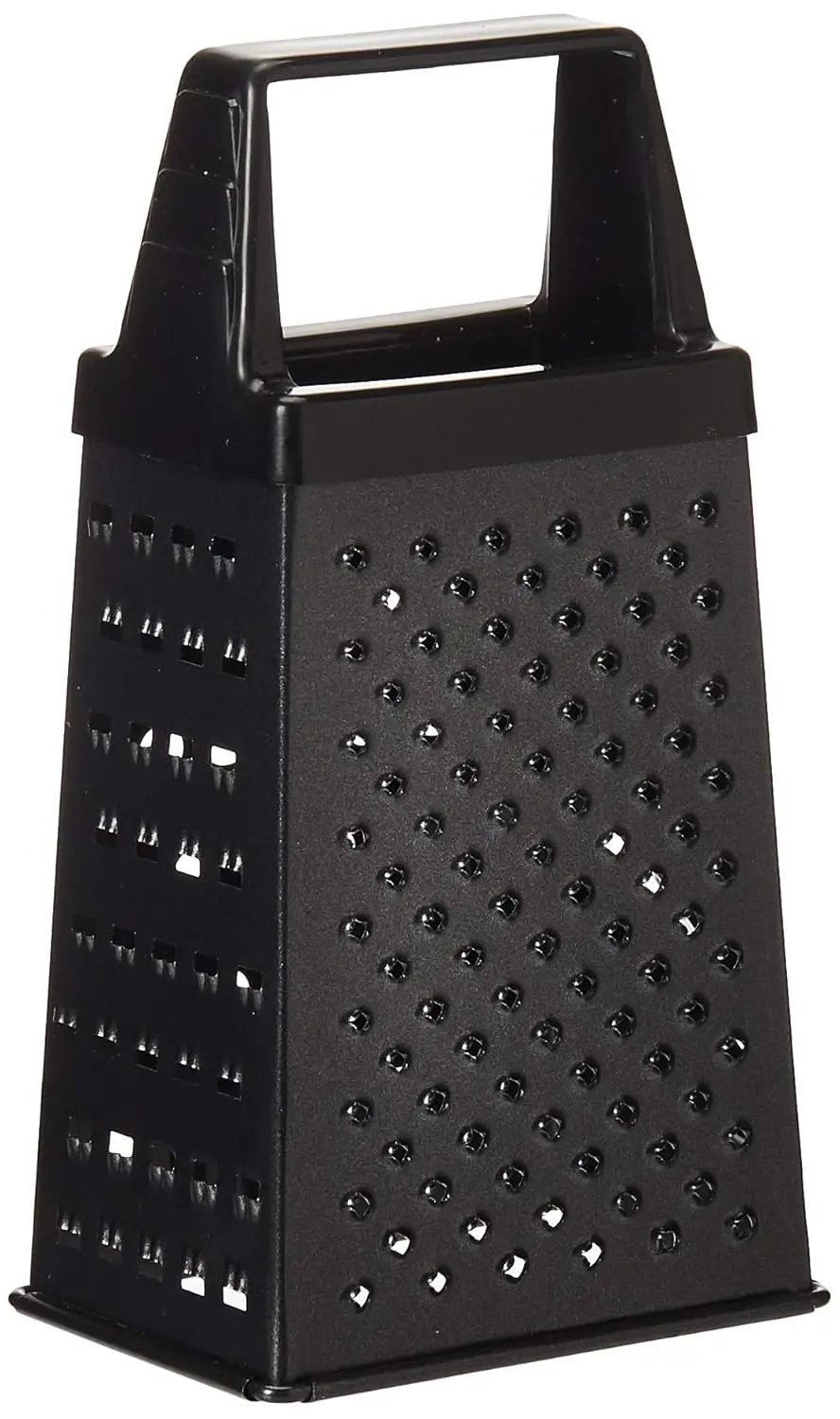 This mini box grater features a black soft grip handle and is made of sturdy stainless steel, perfect for grating small items like cheese, spices, or ginger.